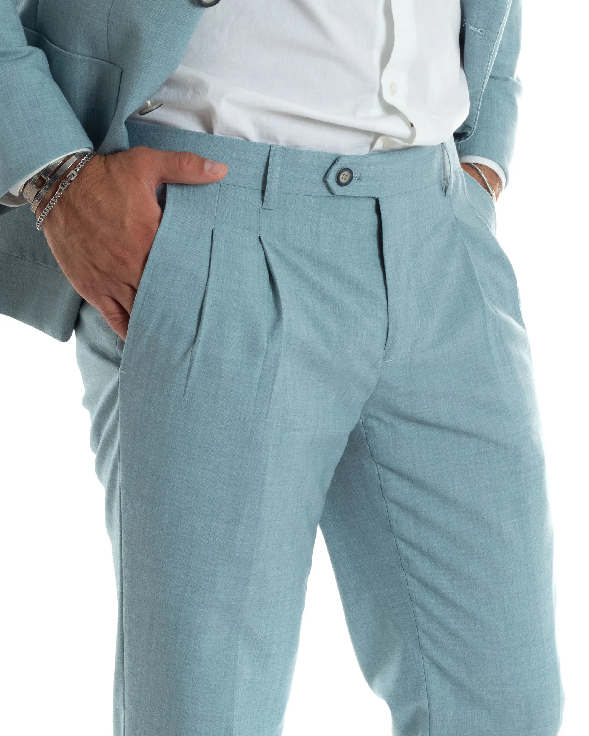 Abito Uomo Completo Sartoriale Doppiopetto Elegante Giacca Pantaloni Casual Tinta Unita Verde Acqua GIOSAL-AE1069A